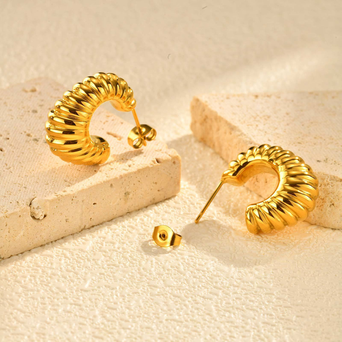 Ribbed Croissant Hoop Earrings — Gold Pair