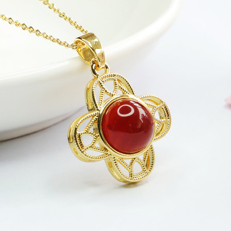 Red Agate Clover Cabochon Pendant — No Chain