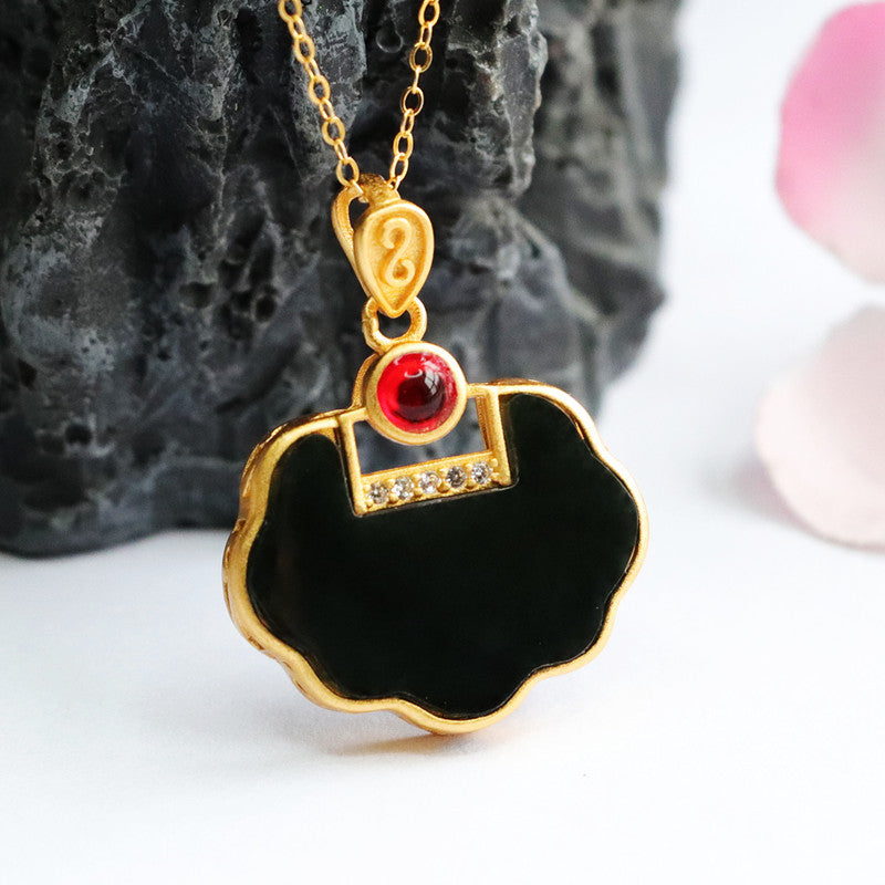 Sterling Silver Natural Hetian Jade Black Jade Ruyi Lock Necklace