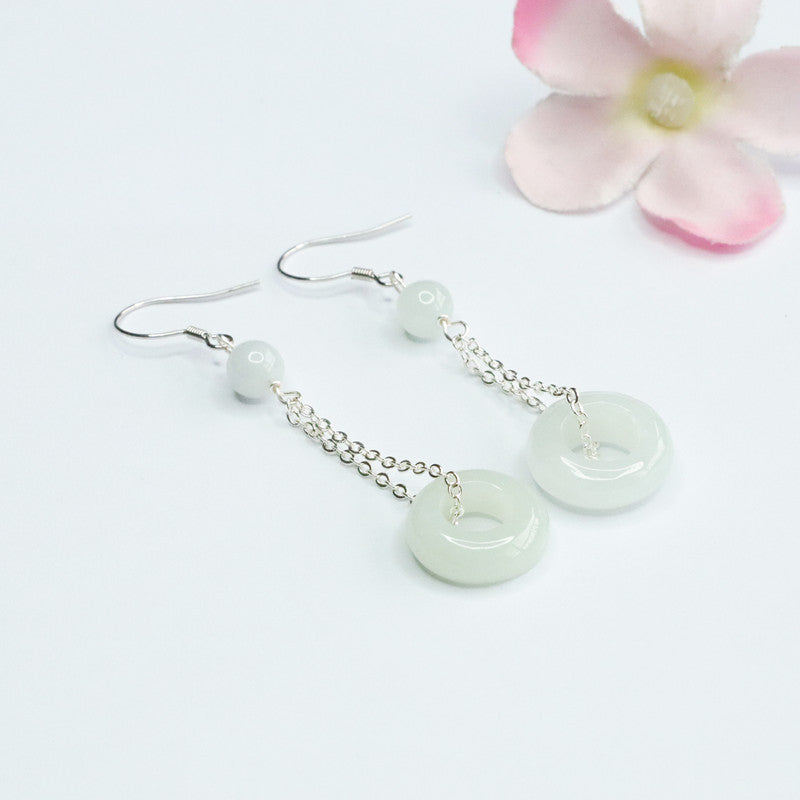 925 Sterling Silver Jadeite Peace Ring Hook Earrings