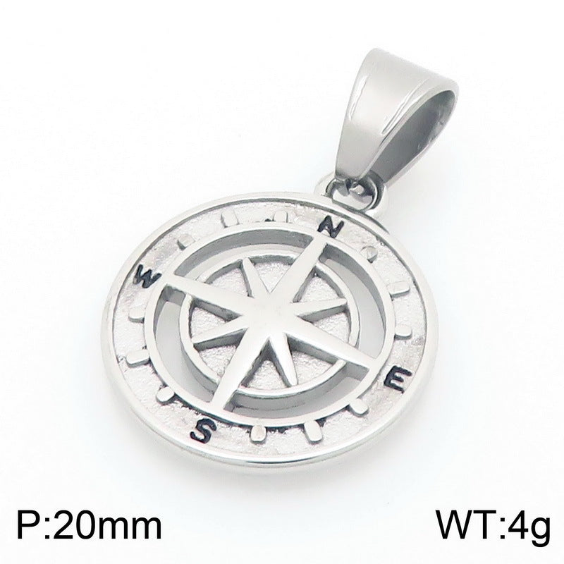 Compass Round, Punk Style Retro Coin Compass Stainless Steel Men's Pendant Necklace
