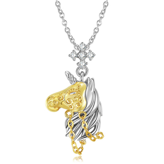 Gold Mask Unicorn Pendant Zircon Silver Necklace