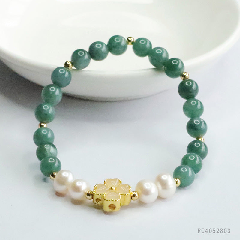 Blue Water Jadeite Four-Leaf Clover & Pearl Beaded Bracelet