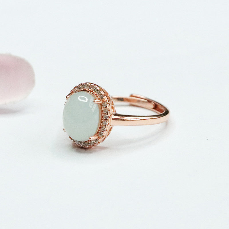 Sterling Silver Oval Jadeite Zircon Halo Ring