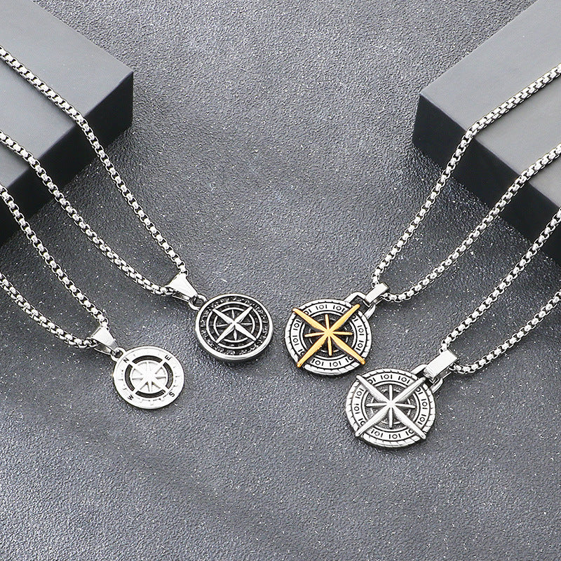 Compass Round, Punk Style Retro Coin Compass Stainless Steel Men's Pendant Necklace