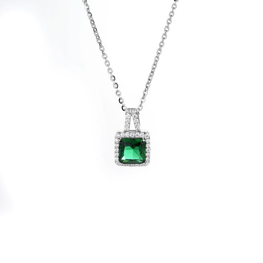 Soleste Halo Square Emerald Green Zircon Silver Necklace