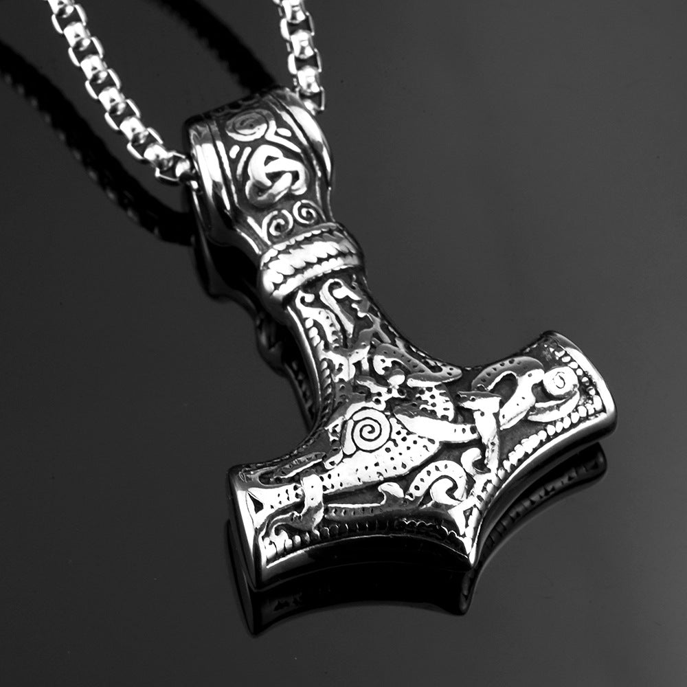 Planderful Thor Hammer Pendant Necklace for Men in Stainless Steel Double Sided Iconic Norse Mythology Jewelry