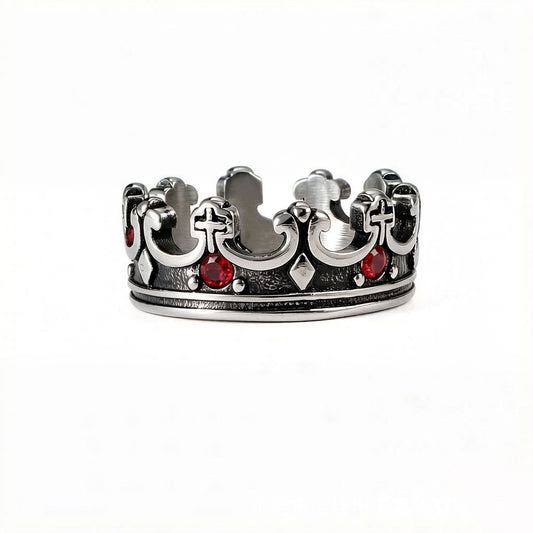 Titanium Steel Crown Men's Ring – Antique Red Zircon Men's Ring – Punk Knight Ring.