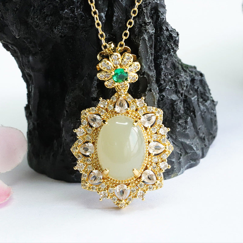 Hetian Jade Zircon Flower Pendant Jewelry Oval Pendant