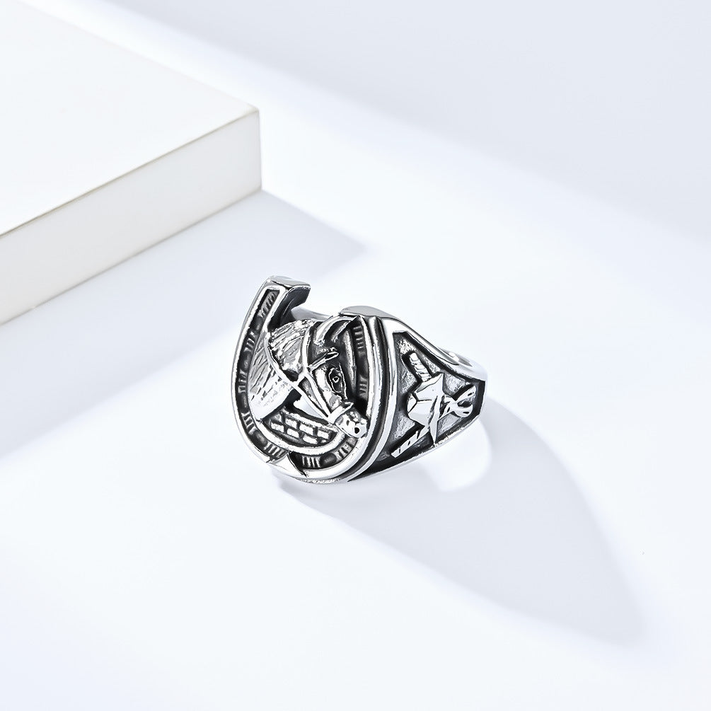 Retro Horse Head Horseshoe Titanium Steel Ring for Men