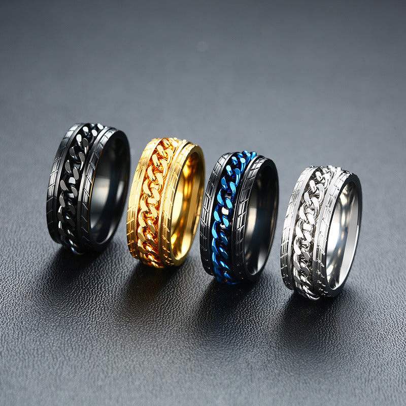Titanium Steel Ring Accessories Stainless Steel Rotating Tire Pattern Chain Ring Men's Black Ring