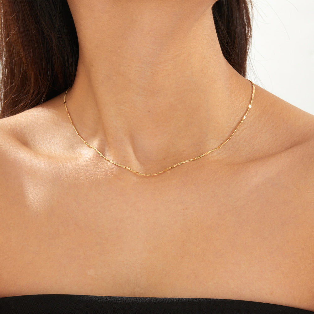 S925 Pure Silver Gold-Plated Plain Chain Necklace Clavicle Necklace, Style Versatile Basic Necklace
