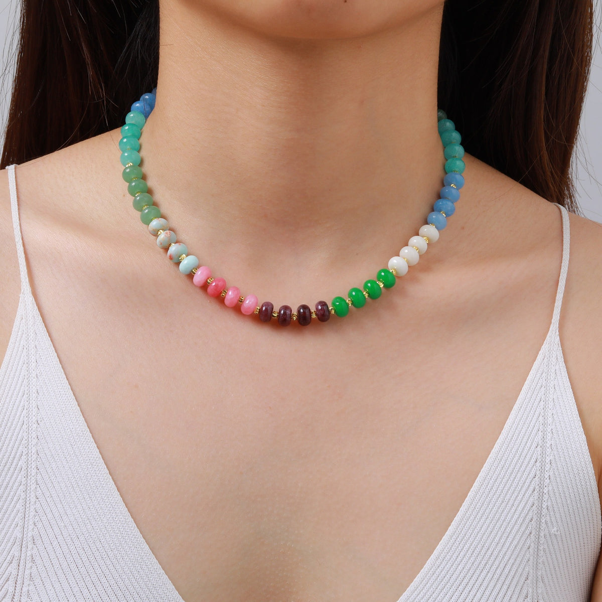 Stainless Steel Natural Stone Abacus Beads Copper Watermelon Beads Necklace Dopamine