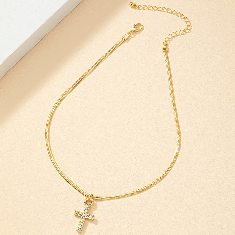 Retro Minimalist Cross Necklace with Snake Bone Chain - Vienna Verve Collection