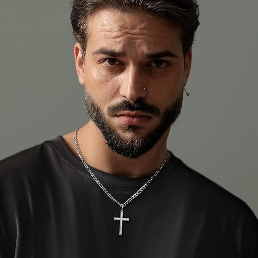 Planderful Bold Mens Cross Pendant Necklace Titanium Steel With Cuban Chain Urban Hip Hop Gift