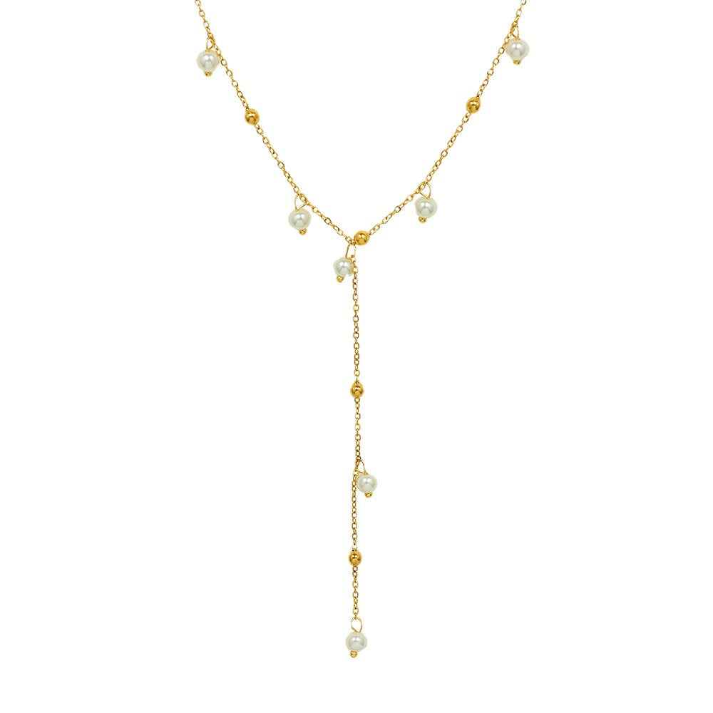 Imitation Baroque Pearl Tassel Necklace with Gold Plated Y-Shaped Chain