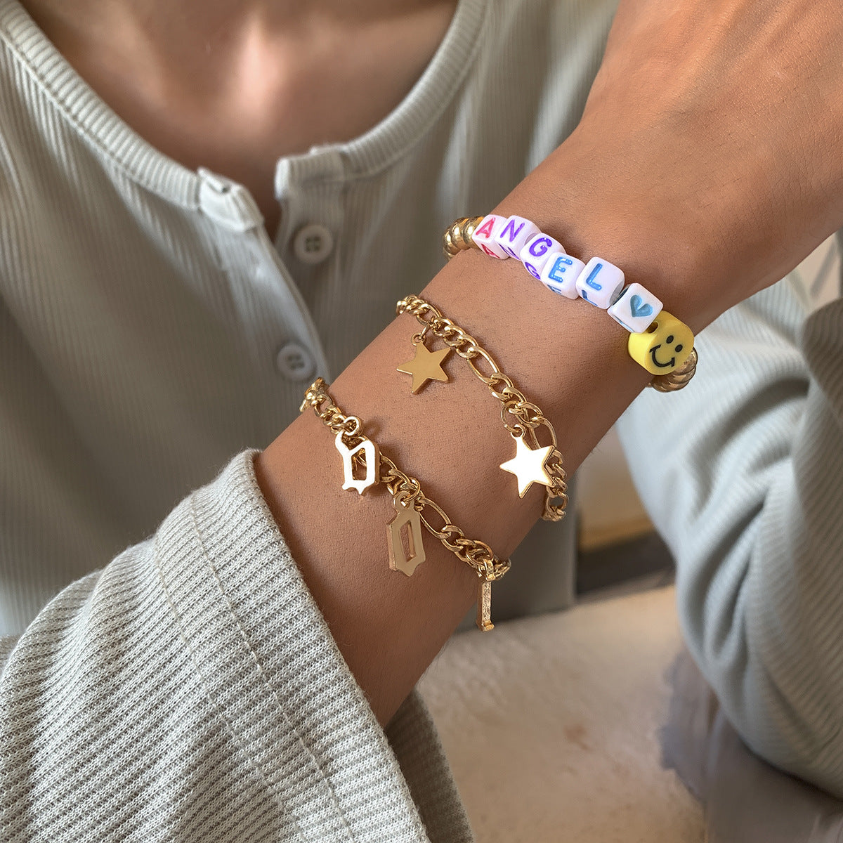 Planderful Vienna Verve Stackable Bracelets Set for Women with Fringed Smiley and Star Beads