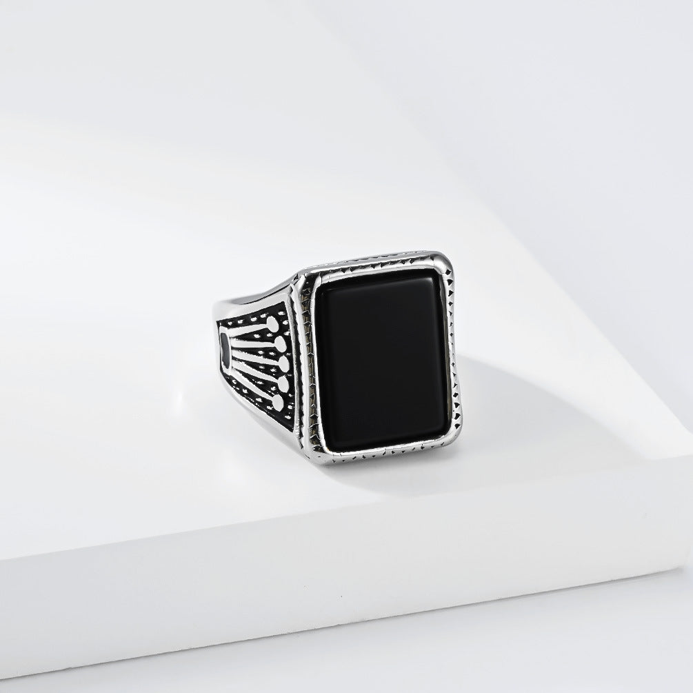 Crown Men's Stainless Steel Ring Square Glass Gemstone Seal Stainless Steel Men's