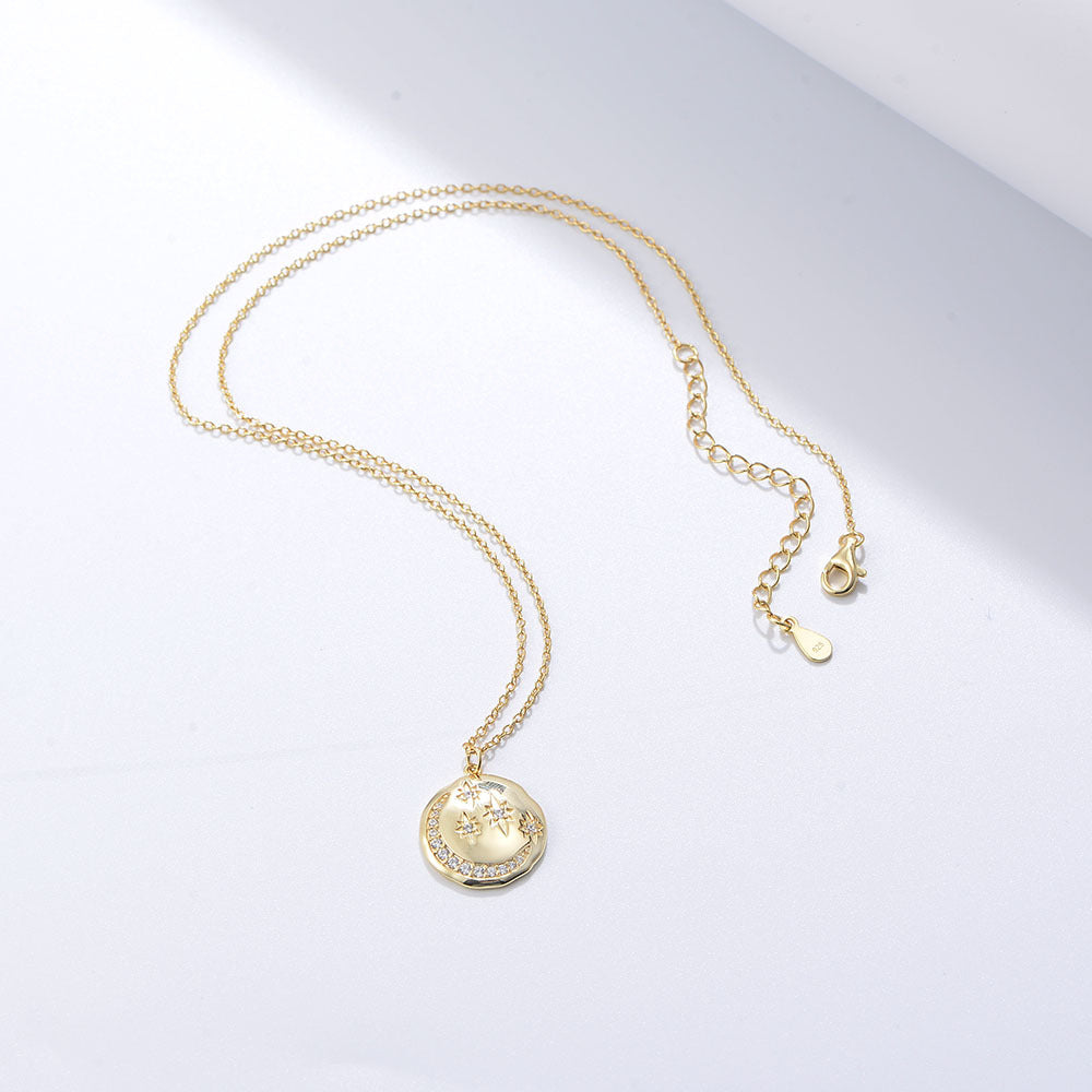 S925 Sterling Silver Round Coin Star Moon Necklace Wind Inlaid Zircon Women