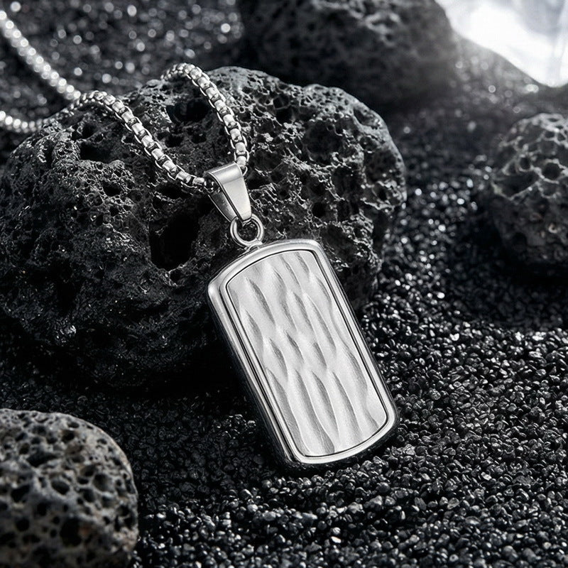 Military Brand Square Pearl Chain Necklace, And Wave Pattern Square Brand Stainless Steel