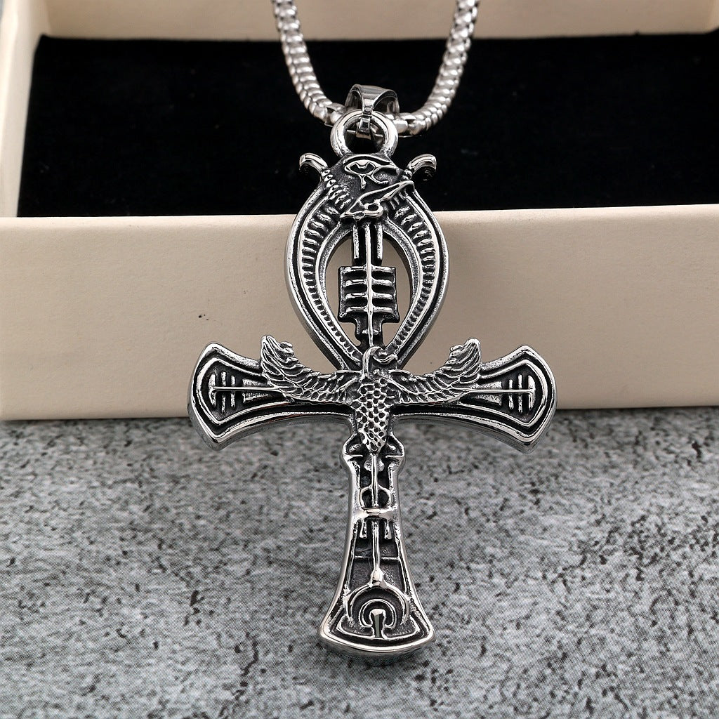 Vintage Cross Egyptian Stainless Steel Men's Pendant Necklace