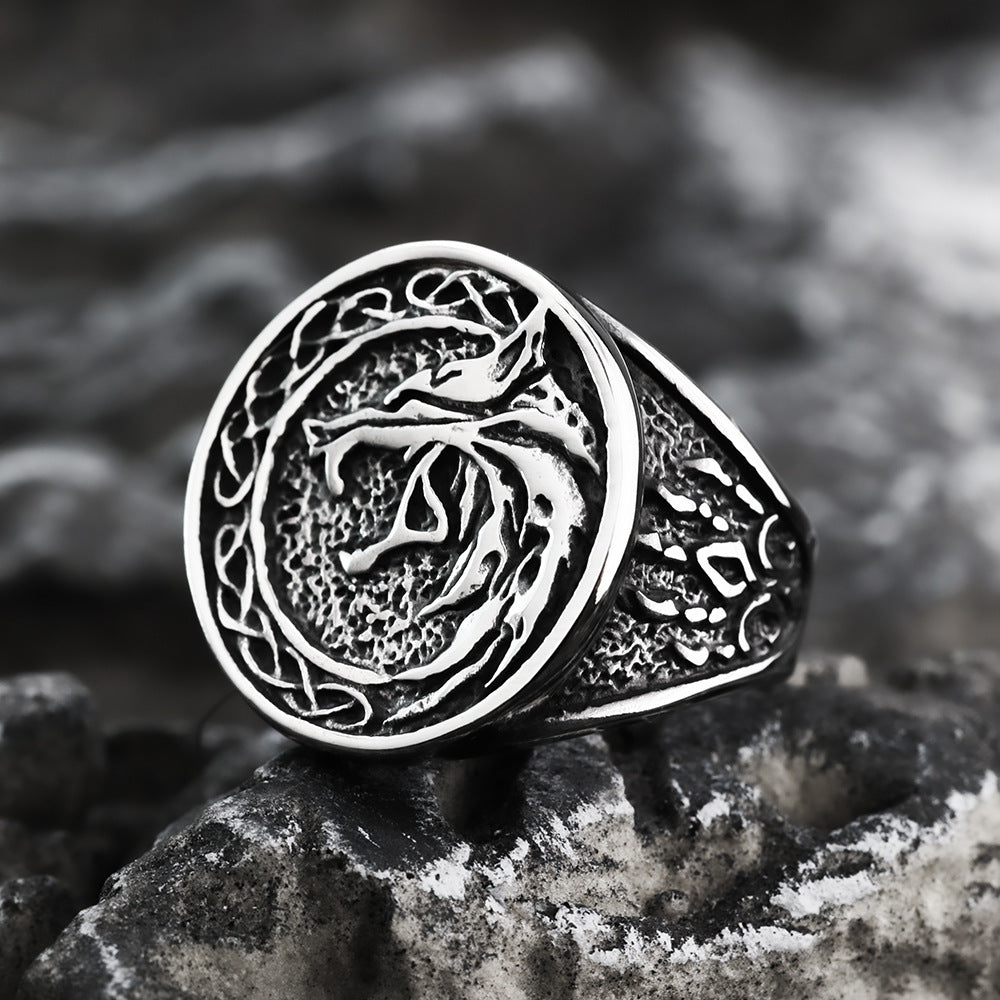 Nordic Vintage Stainless Steel Men's Ring Personalized Viking Pattern Wolf Head Ring