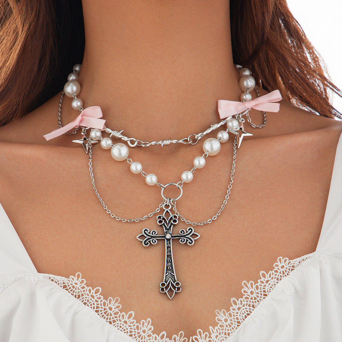 Bow, Cross & Pearl-Style Fringe Necklace