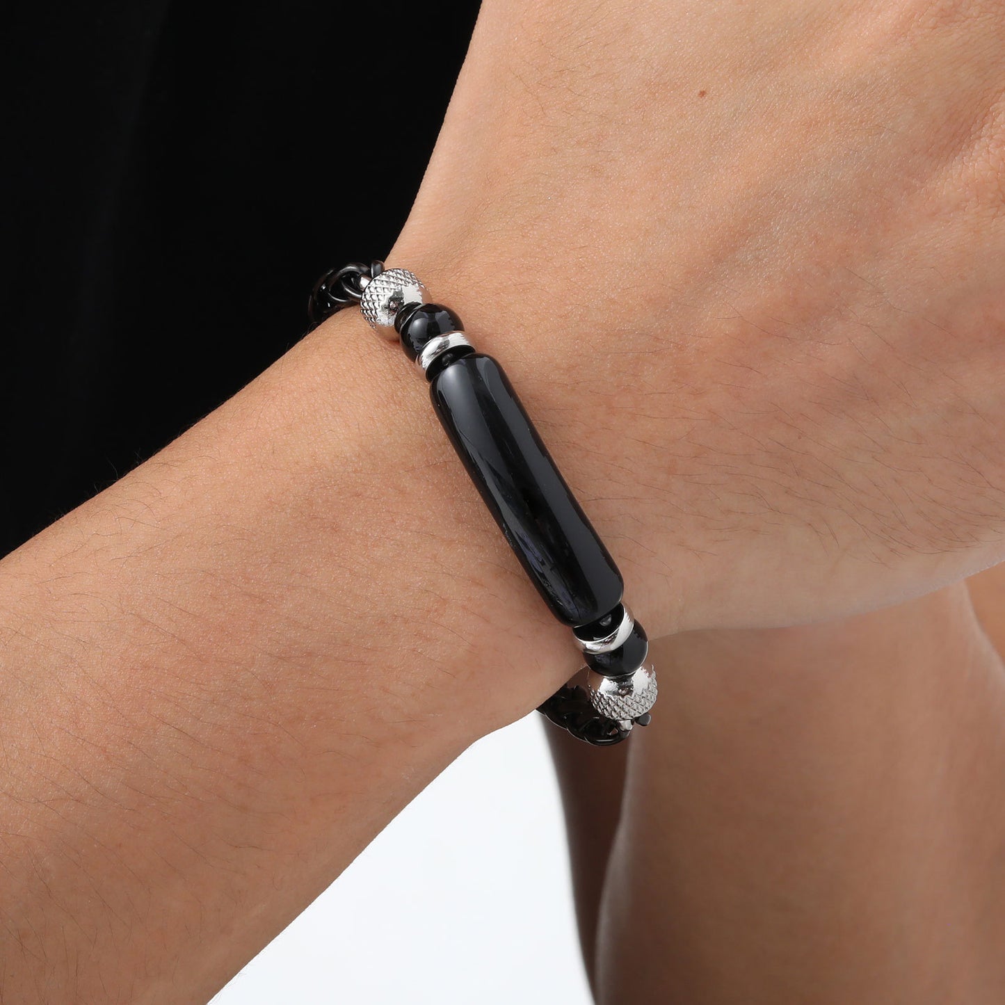 Stainless Steel Flower Basket Chain Black Agate Tiger's Eye Beaded Bracelet for Men