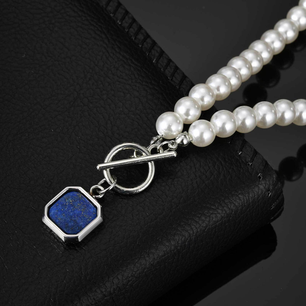 Stainless Steel Kusa Lapis Lazuli Square Pendant Imitation Pearl Necklace Steel Color