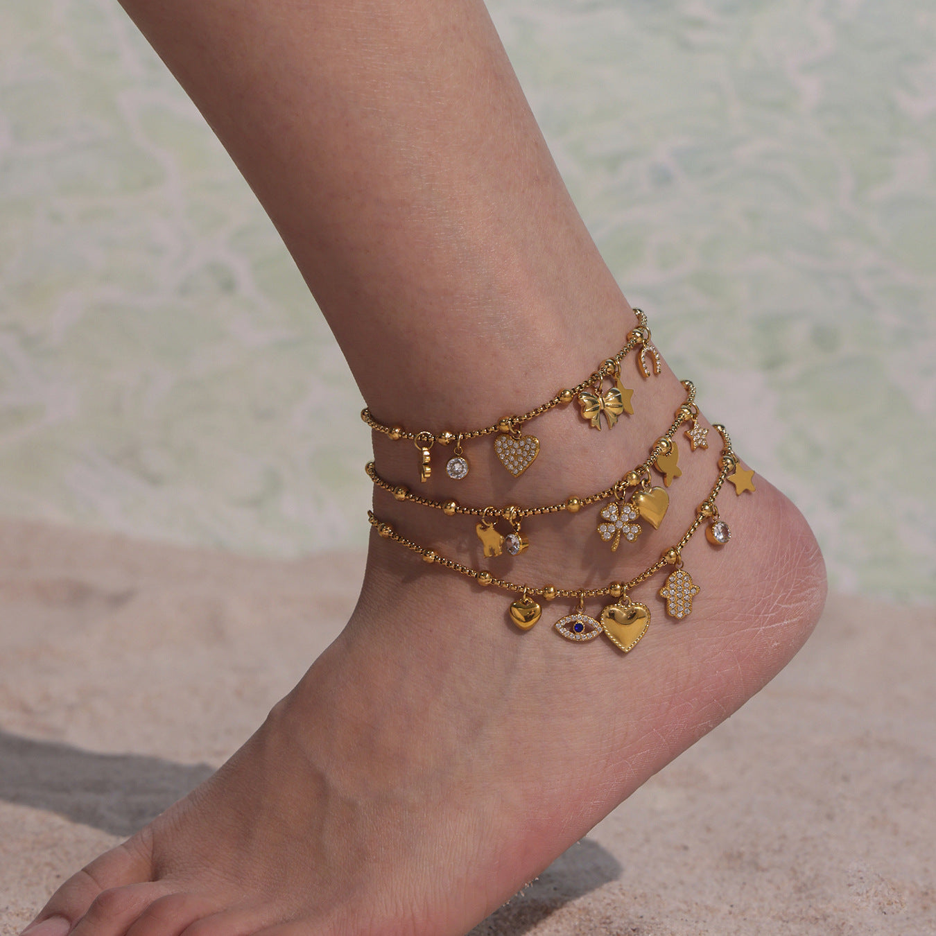 Planderful Zircon Love Bow Bracelet Anklet Women Gold Plated