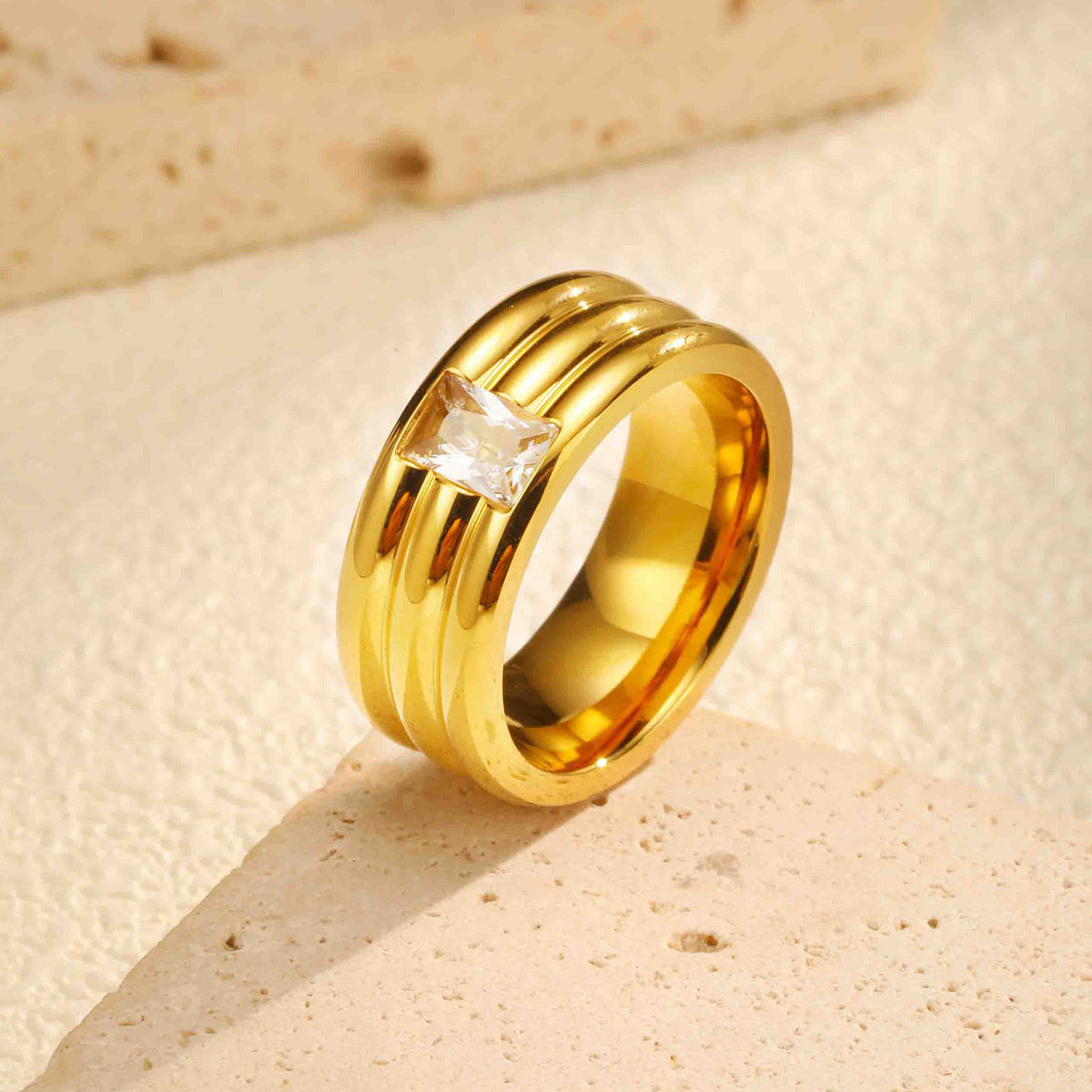 Unisex – Stainless Steel Plated Three-Layer Rectangular White Zircon Ring