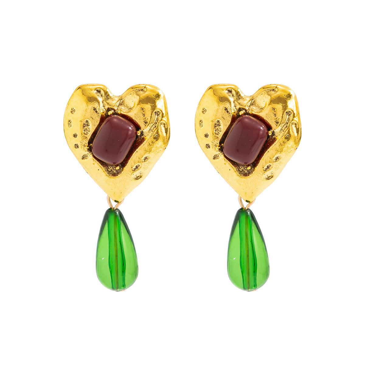 Planderful Medieval Green Water Drop Pendant Earrings Inlaid Peach Heart Gem Vienna Verve For Vintage Jewelry Lovers