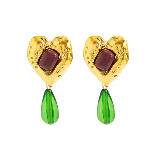 Planderful Medieval Green Water Drop Pendant Earrings Inlaid Peach Heart Gem Vienna Verve For Vintage Jewelry Lovers