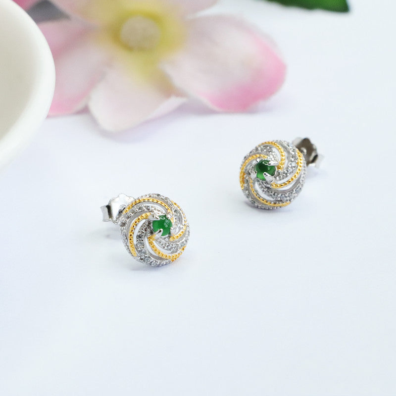 Icy Green Jadeite Spiral 925 Silver Stud Earrings