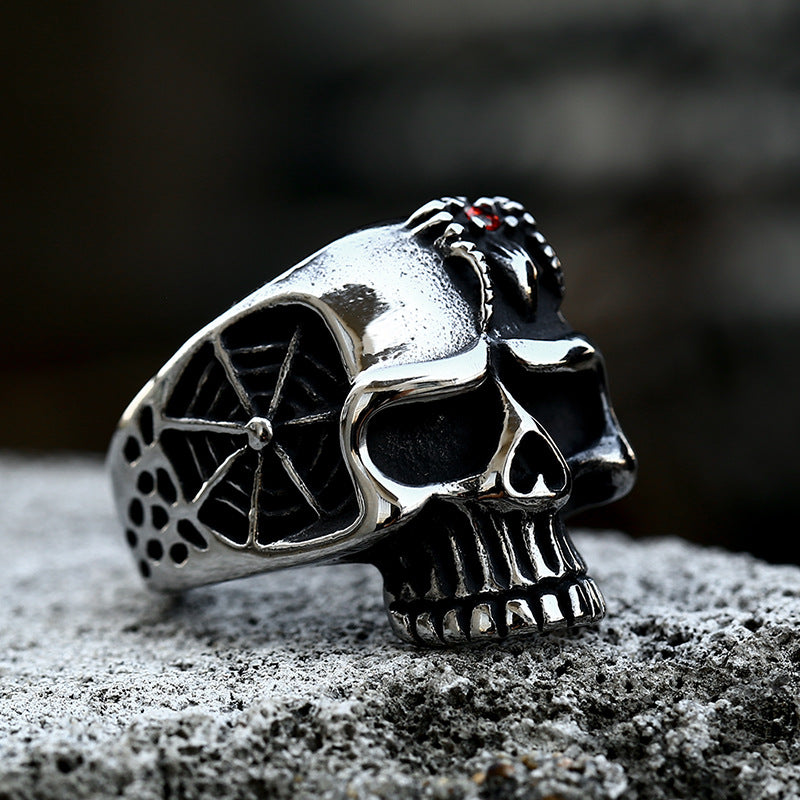 Retro Titanium Steel Skull Ring with Gemstone Inlay for Men