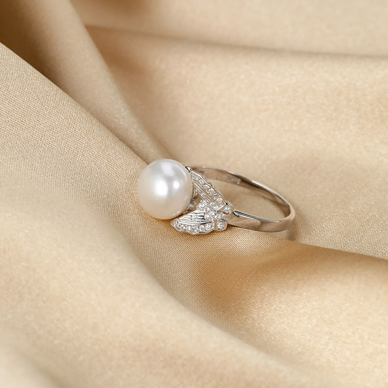 S925 Sterling Silver Freshwater Pearl Butterfly Ring — Adjustable