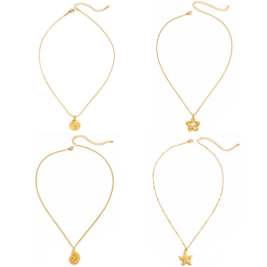 Stainless Steel Thin Chain Flower Collarbone Necklace Ocean Wind Conch Shell Star