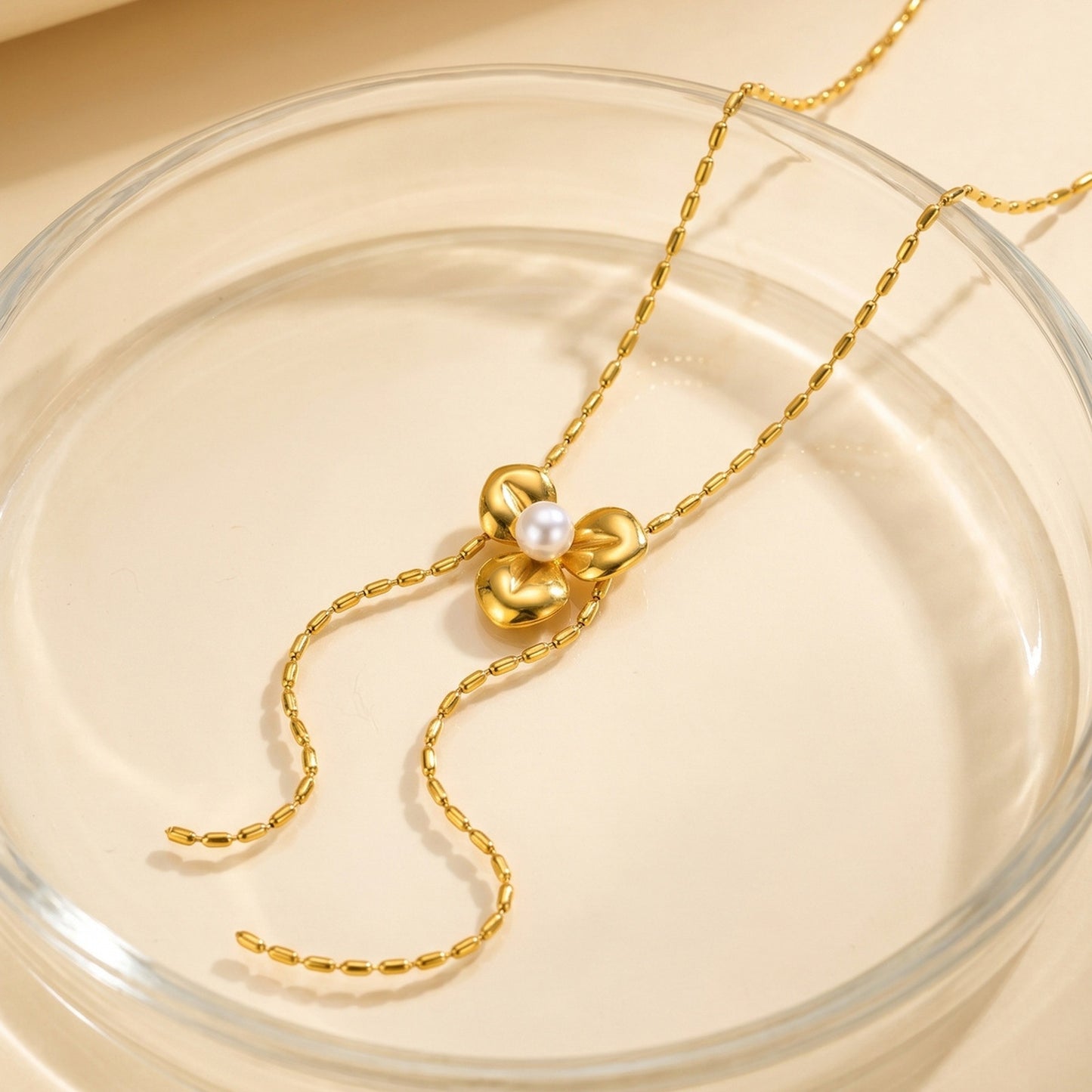 Minimalist Stainless Steel Flower Imitation Pearl Olive Bead Y-Shaped Exquisite Necklace
