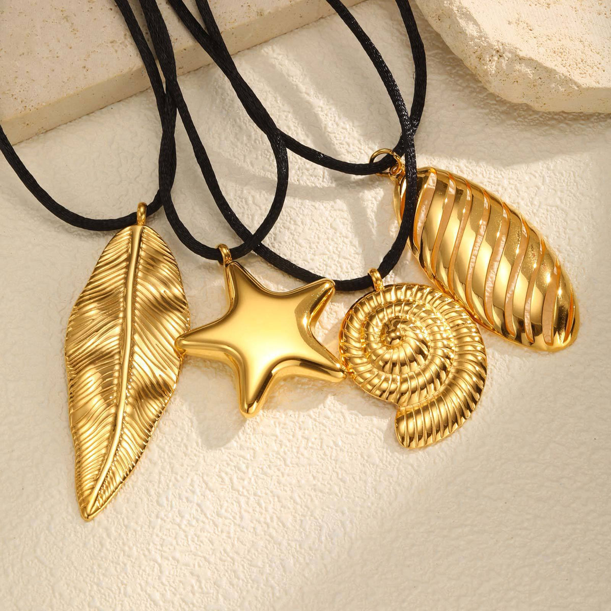 Titanium Steel – Stainless Steel Geometric Oval Pentagram Conch Leaf Pendant Necklace Gold
