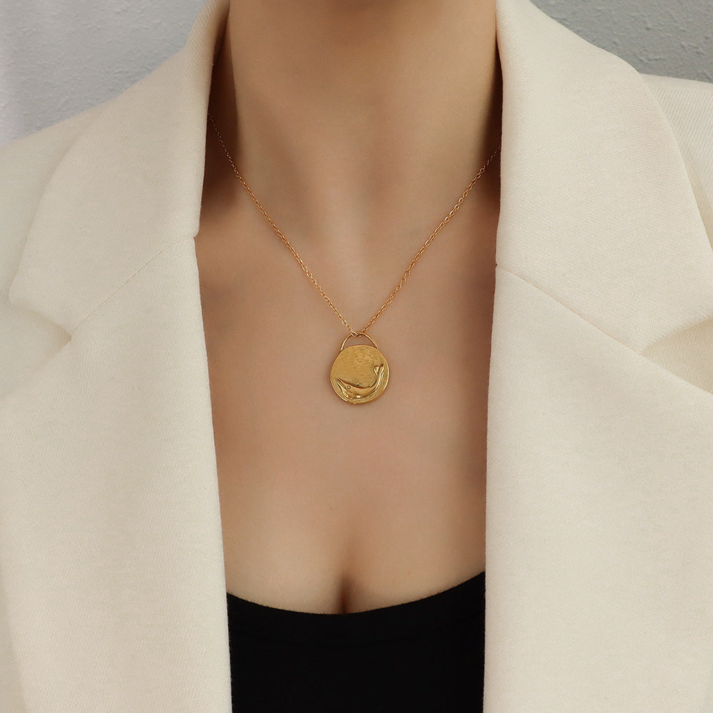 French Bird and Dolphin Reversible Pendant Titanium Steel Necklace