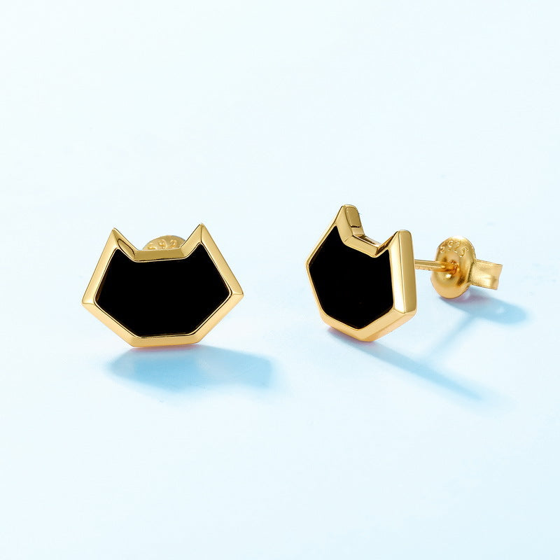 Black Agate Simple Kitty Sterling Silver Stud Earrings