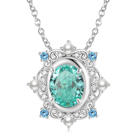 Palace Style Oval Green Zircon Snowflake Pendant Silver Necklace