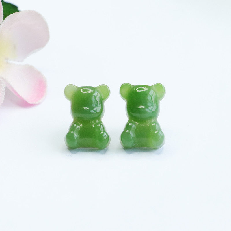 Hetian Jade Bear Stud Earrings with Sterling Silvercaffold