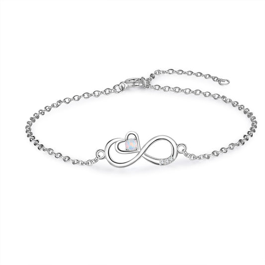 Infinite Symbol Heart Shape with Round Opal Zircon Sterling Silver Bracelet