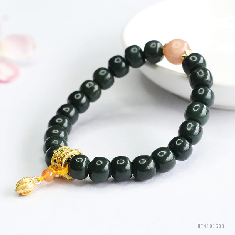 Dark Taqing Hetian Jade Vintage Bead Bracelet