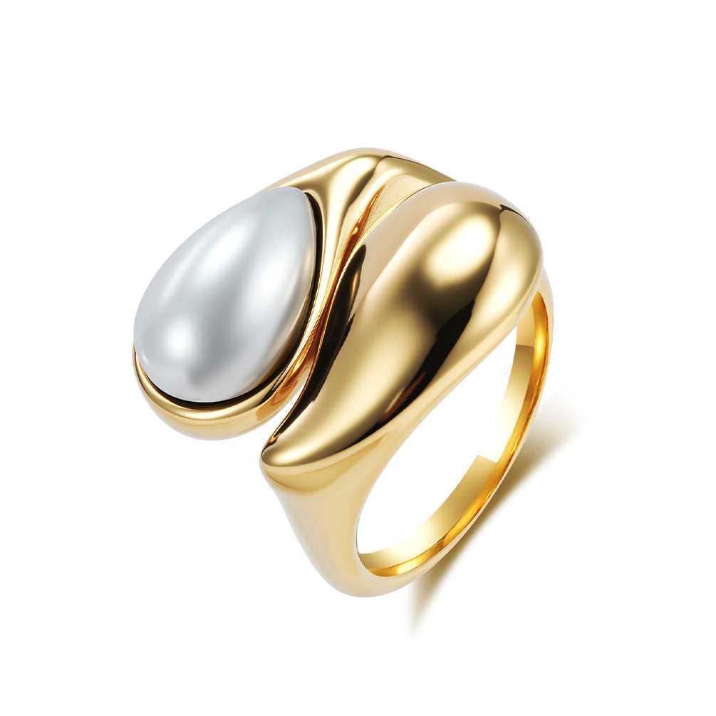 Imitation Pearl Ring For Women By Planderful Water Drop Design With Tiger Eye Stone Titanium Steel Gold Plated Jewelry