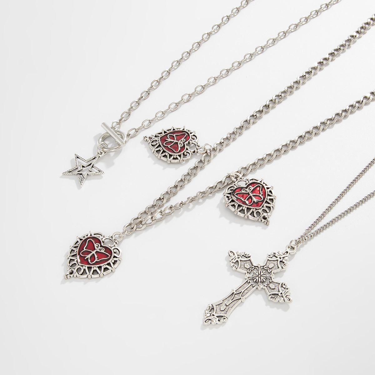 Gothic Red Heart & Cross Layered Necklace