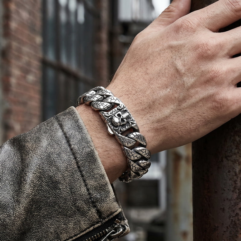 Gothic Ice Crack Skull 20mm Cuban Punk Dark Casting Stainless Steel Men's Bracelet
