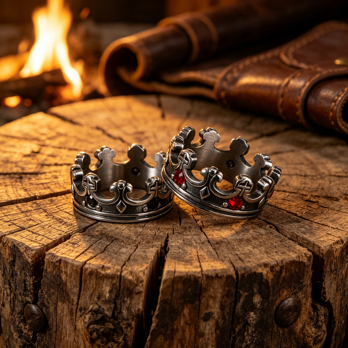 Titanium Steel Crown Men's Ring – Antique Red Zircon Men's Ring – Punk Knight Ring.