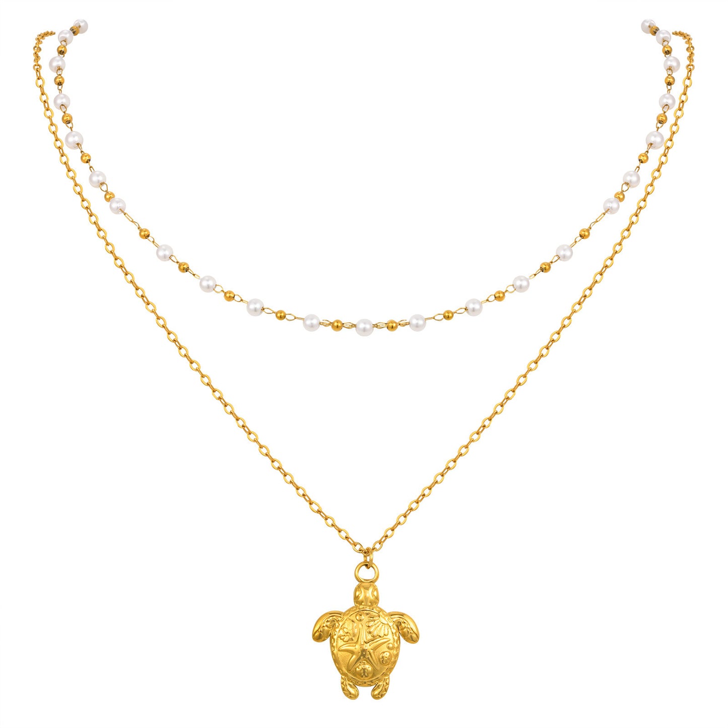 Summer Seaside Ocean Wind Stainless Steel Turtle Imitation Pearl Double Layer Necklace